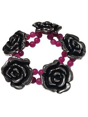 Vintage Gunmetal Rose Bracelet Hot Pink Beads Stretch Romantic Goth Fashion